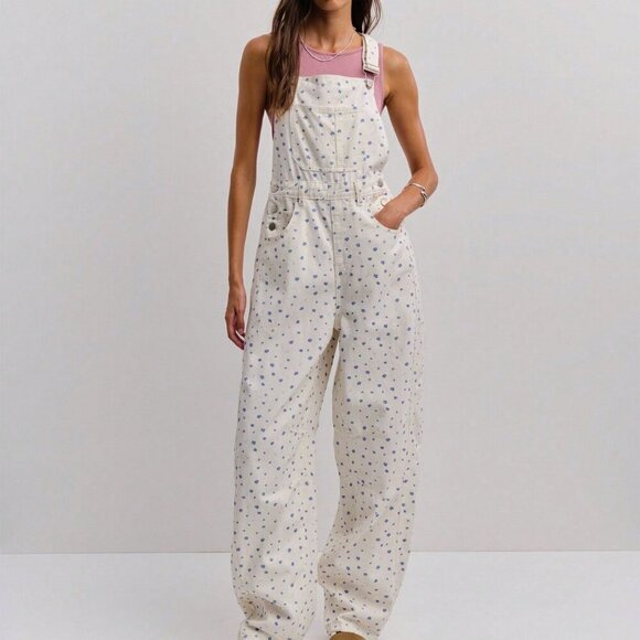 Multicolor Casual Women's ditsy Floral Print Wide-Leg Denim Overalls jumpsuit - Picture 5 of 8